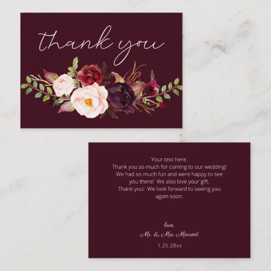 Bourgogne Marsala Bloemen - Alle Burgu Klein Dank Notitiekaartje (Voorkant / Achterkant)