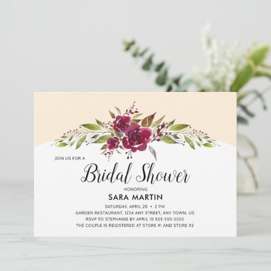 Bourgogne Marsala Bloemen en groen | Bruids Show Kaart (Staand voorkant)