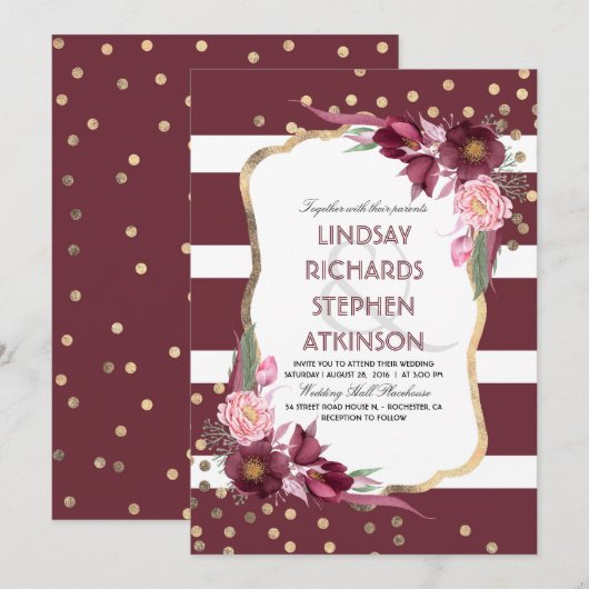 Bourgogne Marsala Bloemen Strepen en Gouden Huweli Kaart (Voorkant / Achterkant)