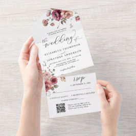 Bourgogne Marsala Bloemen Trouwdetails QR RSVP All In One Uitnodiging