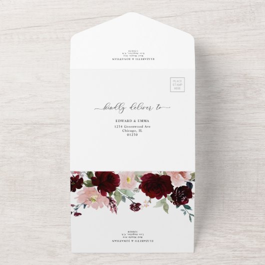 Bourgogne Marsala Bloemen Trouwgegevens QR RSVP All In One Uitnodiging (Buitenkant)