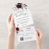 Bourgogne Marsala Bloemen Trouwgegevens QR RSVP All In One Uitnodiging (Afscheurbaar)