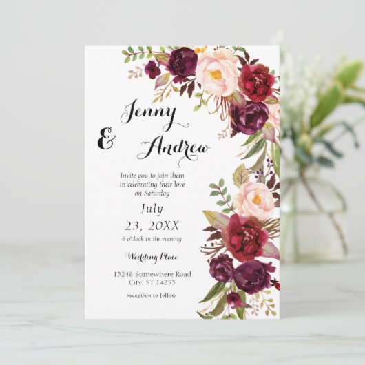 Bourgogne Marsala Bloemenbruiloft 3 Wit Kaart (Staand voorkant)