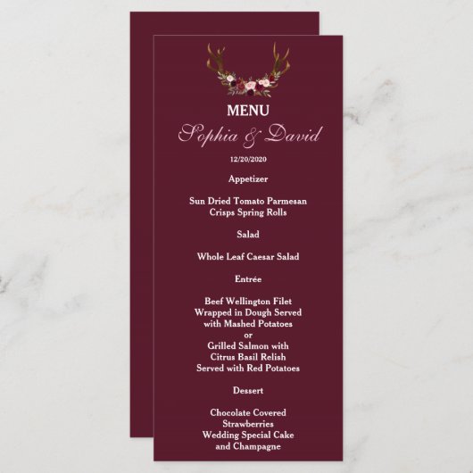 Bourgogne Marsala Bloemengewei Trouwmenu Menu (Voorkant / Achterkant)