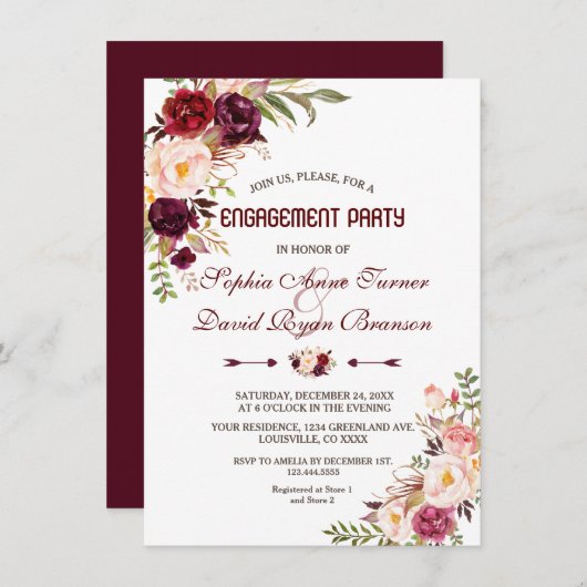 Bourgogne Marsala Blush Bloemen Verlovingsfeest Kaart (Voorkant / Achterkant)