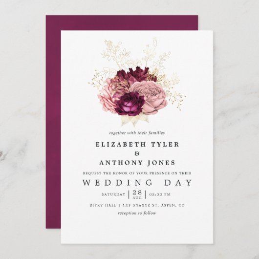 Bourgogne - Marsala Blush Pink and Gold Wedding Kaart (Voorkant / Achterkant)