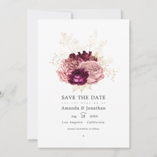 Bourgogne - Marsala Blush Pink and Gold Wedding Save The Date (Voorkant)