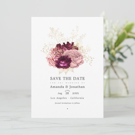 Bourgogne - Marsala Blush Pink and Gold Wedding Save The Date (Staand voorkant)