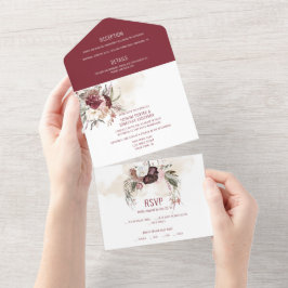 Bourgogne, Marsala, Blush Pink Floral Wedding All In One Uitnodiging