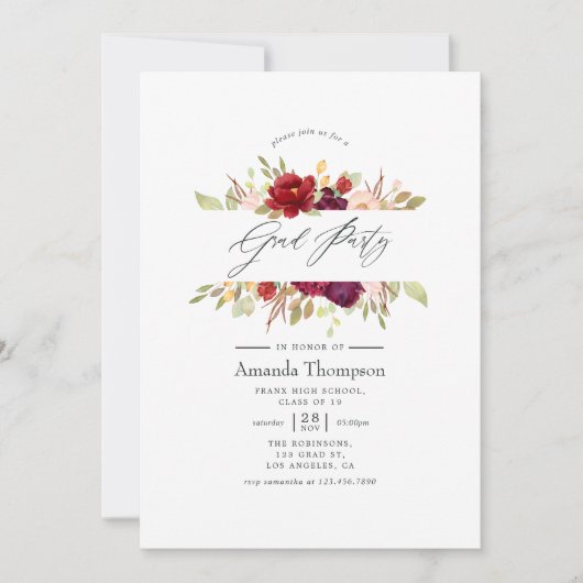 Bourgogne - Marsala en Blush Bloemen Afstuderen Kaart (Voorkant)