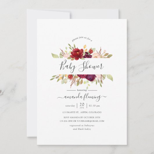 Bourgogne - Marsala en Blush Floral Baby shower Kaart (Voorkant)