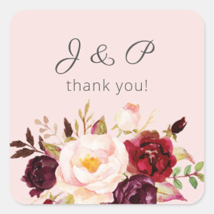 Bourgogne Marsala en Blush Floral Monogram - Roze Vierkante Sticker