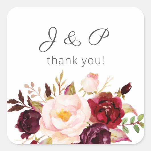 Bourgogne Marsala en Blush Floral Monogram - Wit Vierkante Sticker (Voorkant)