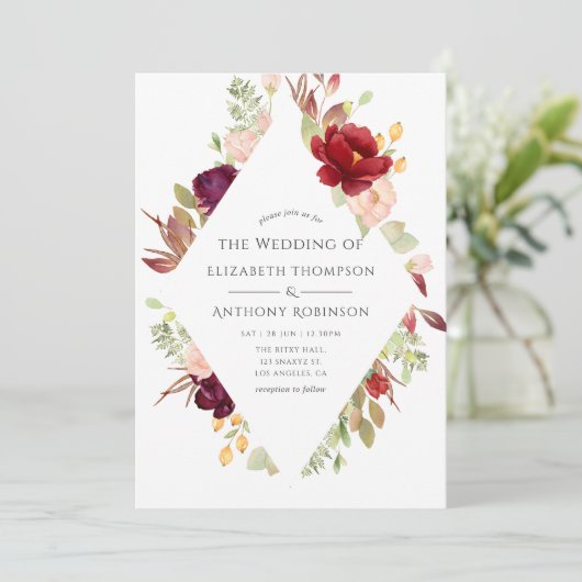 Bourgogne - Marsala en Blush Floral Wedding Kaart (Staand voorkant)