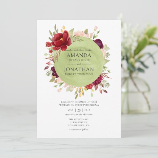 Bourgogne - Marsala en Blush Floral Wedding Kaart (Staand voorkant)