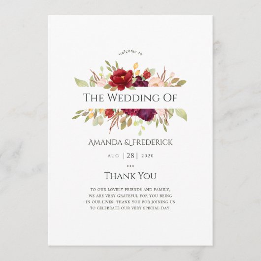 Bourgogne - Marsala en Blush Floral Wedding Programmakaart (Voorkant)