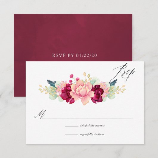 Bourgogne - Marsala en Blush Floral Wedding RSVP Kaartje (Voorkant / Achterkant)