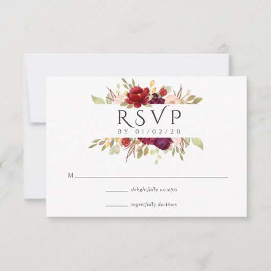 Bourgogne - Marsala en Blush Floral Wedding RSVP Kaartje (Voorkant)