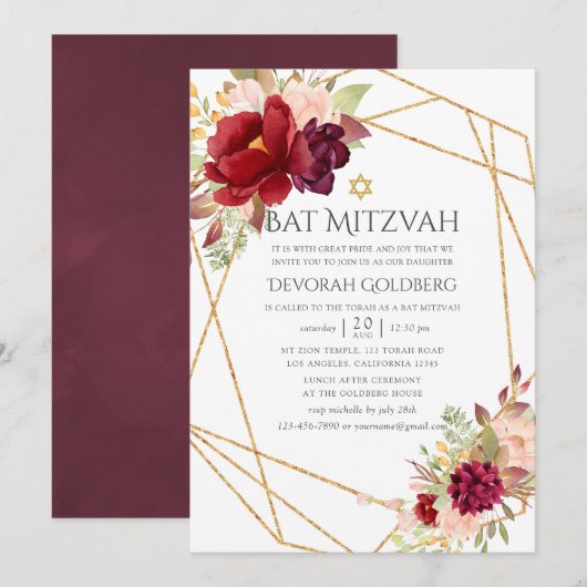 Bourgogne-Marsala en Blush Geometrische Bat Mitzva Kaart (Voorkant / Achterkant)