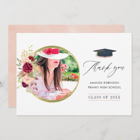 Bourgogne-Marsala en Blush Roze Afstuderen Bedankkaart (Voorkant / Achterkant)