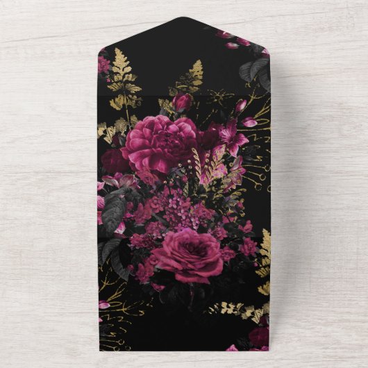 Bourgogne - Marsala en Gold Floral Wedding All In One Uitnodiging (Buitenkant)