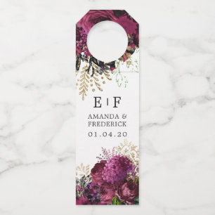 Bourgogne - Marsala en Gold Floral Wedding Favor Flessenhanger