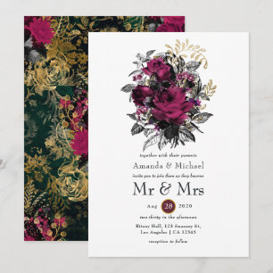 Bourgogne - Marsala en Gold Floral Wedding Kaart