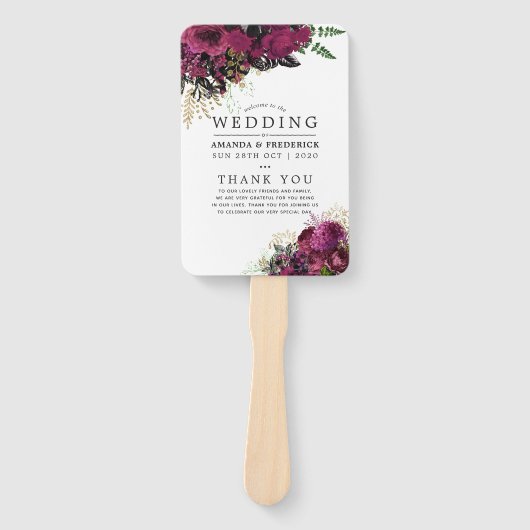 Bourgogne - Marsala en Gold Floral Wedding Program Handwaaier (Voorkant)