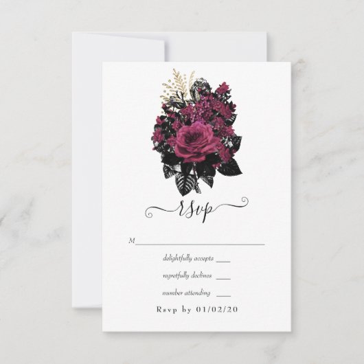 Bourgogne - Marsala en Gold Floral Wedding RSVP Kaartje (Voorkant)