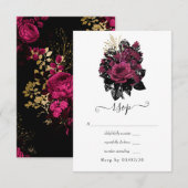 Bourgogne - Marsala en Gold Floral Wedding RSVP Kaartje (Voorkant / Achterkant)