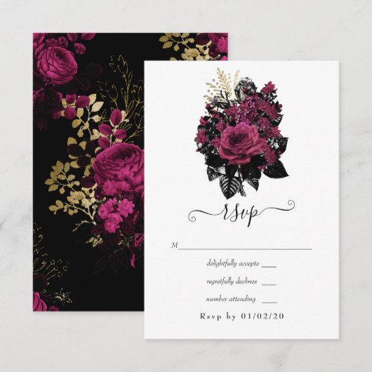 Bourgogne - Marsala en Gold Floral Wedding RSVP Kaartje (Voorkant / Achterkant)