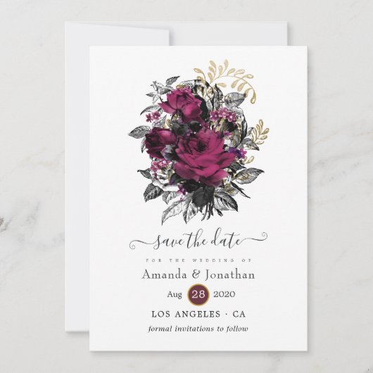 Bourgogne - Marsala en Gold Floral Wedding Save The Date (Voorkant)