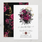 Bourgogne - Marsala en Gold Floral Wedding Save The Date (Voorkant / Achterkant)