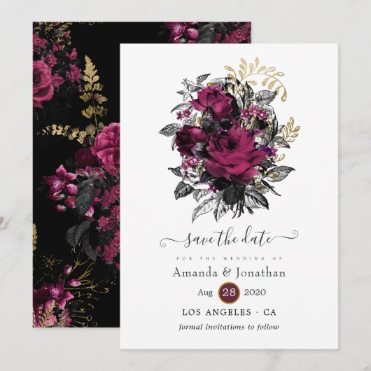Bourgogne - Marsala en Gold Floral Wedding Save The Date (Voorkant / Achterkant)