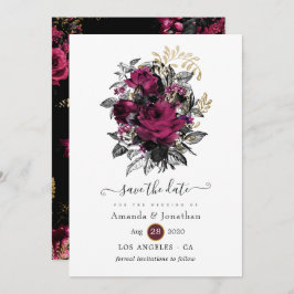 Bourgogne - Marsala en Gold Floral Wedding Save The Date