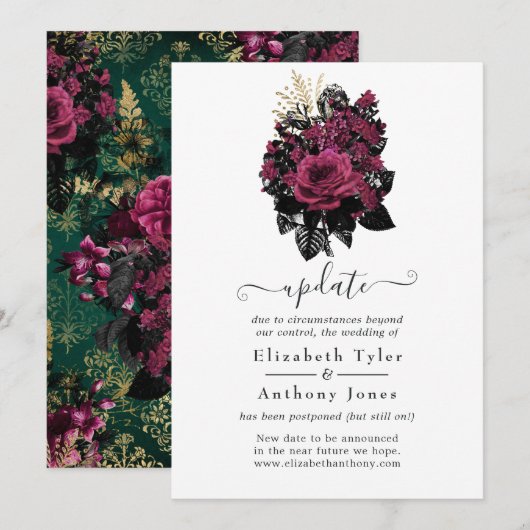 Bourgogne - Marsala en Gold Floral Wedding Update Kaart (Voorkant / Achterkant)