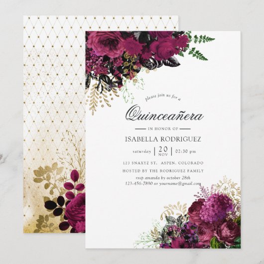  Bourgogne - Marsala en Gold Quinceañera Kaart (Voorkant / Achterkant)