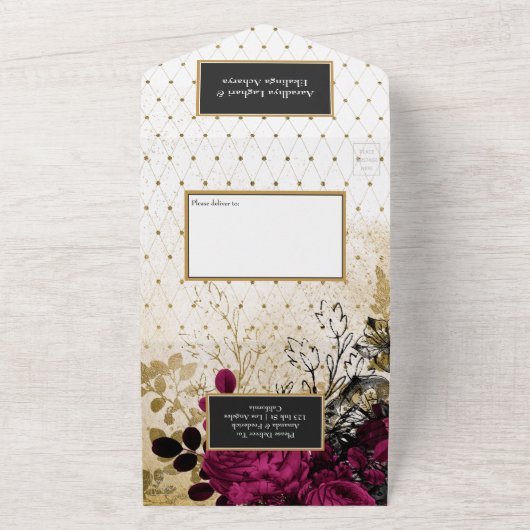 Bourgogne - Marsala en Gold Wedding All In One Uitnodiging (Buitenkant)