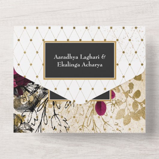 Bourgogne - Marsala en Gold Wedding All In One Uitnodiging (Achterkant)