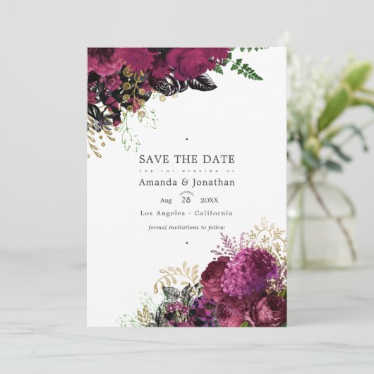 Bourgogne - Marsala en Gold Wedding Save The Date (Staand voorkant)