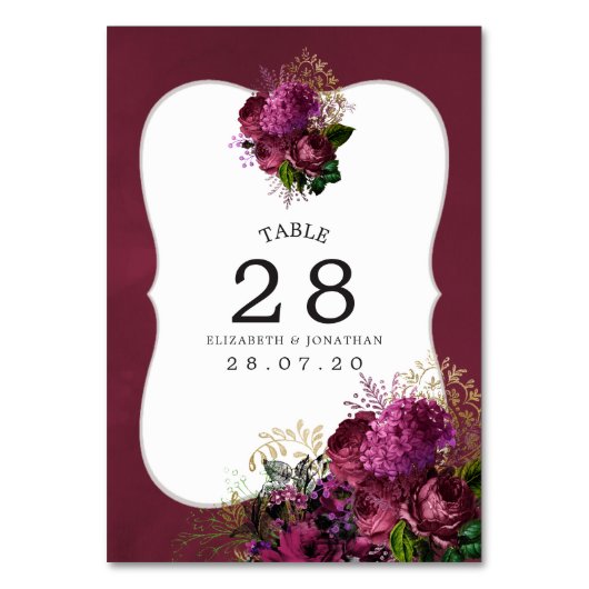 Bourgogne - Marsala en Gold Wedding Table Number Kaart (Voorkant)