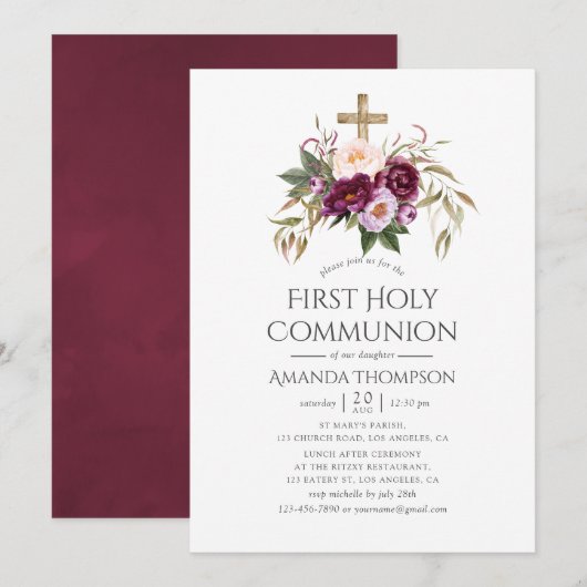 Bourgogne/Marsala en Peach First Heilige Communie Kaart (Voorkant / Achterkant)