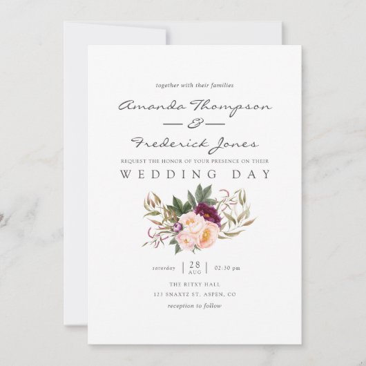 Bourgogne - Marsala en Peach Floral Wedding Invite Kaart (Voorkant)