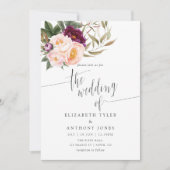Bourgogne - Marsala en Peach Floral Wedding Invite Kaart (Voorkant)
