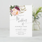 Bourgogne - Marsala en Peach Floral Wedding Invite Kaart (Staand voorkant)