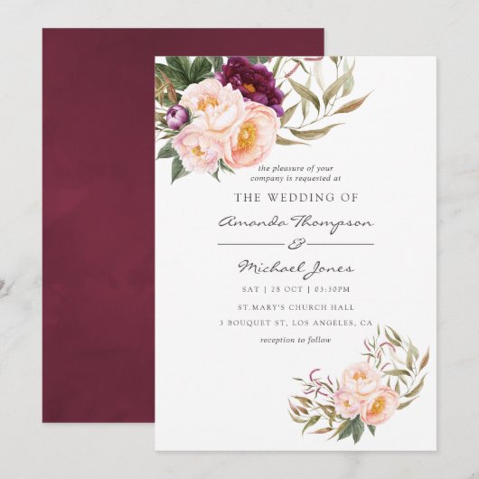 Bourgogne - Marsala en Peach Floral Wedding Invite Kaart (Voorkant / Achterkant)