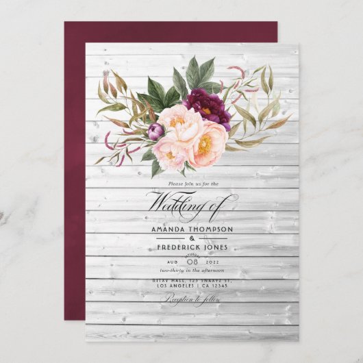 Bourgogne - Marsala en Peach Rustic Floral Wedding Kaart (Voorkant / Achterkant)