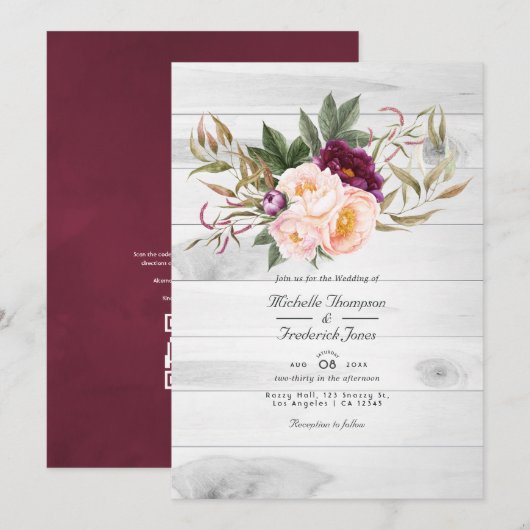 Bourgogne - Marsala en Peach Rustic Floral Wedding Kaart (Voorkant / Achterkant)