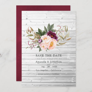 Bourgogne - Marsala en Peach Rustic Floral Wedding Save The Date