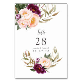 Bourgogne - Marsala en Peach Wedding Table Number Kaart